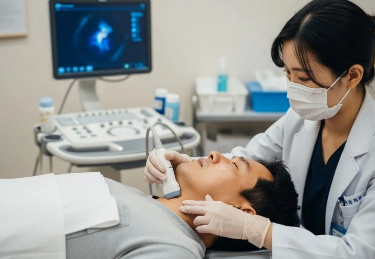 경동맥 초음파 검사를 받는 40대 남성