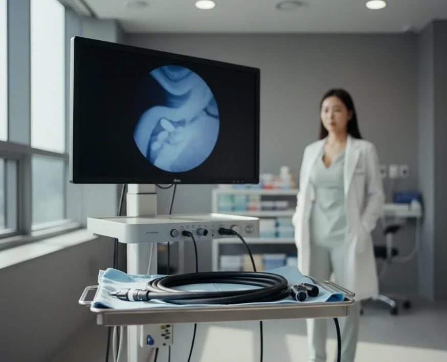 내시경 장비와 의료진이 있는 검사실