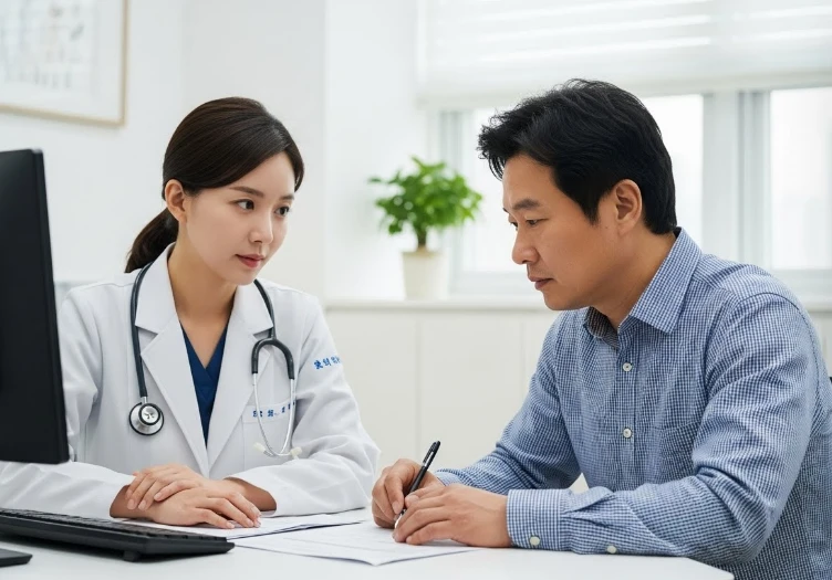 의사와 상담하며 내시경 방법을 결정하는 환자