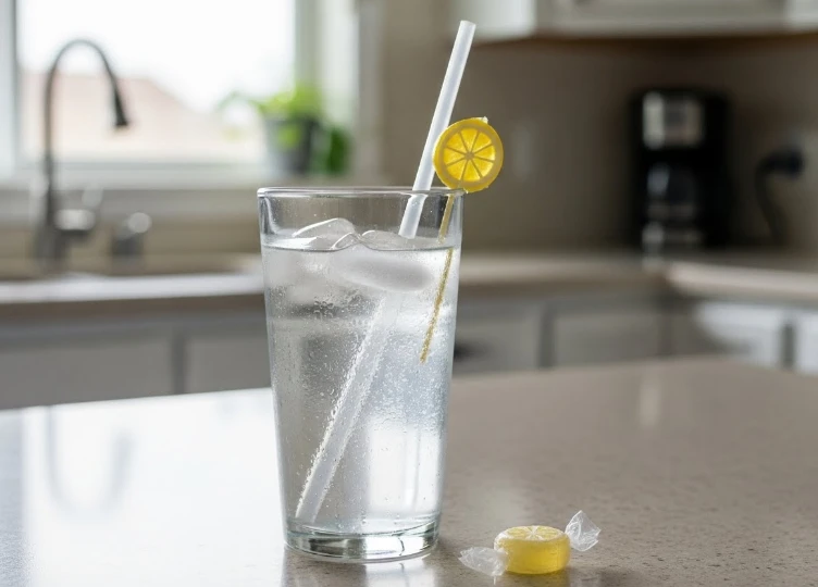 약 복용 구역감을 줄이는 빨대와 차가운 물