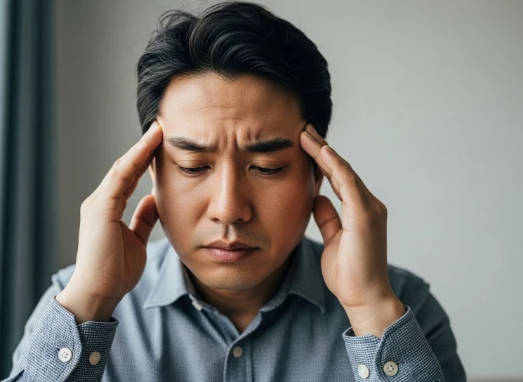 두통과 어지럼증을 호소하며 이마를 짚는 사람