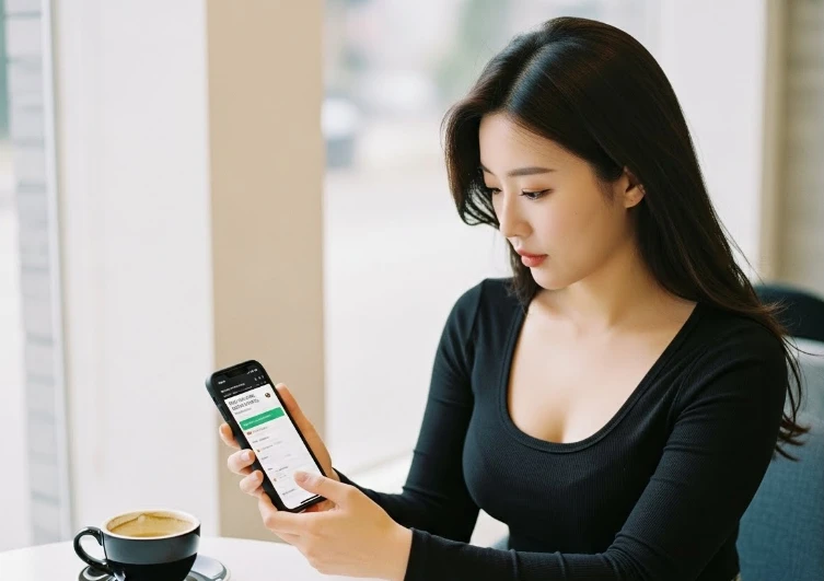 모바일 앱으로 건강검진 예약하는 한국 여성