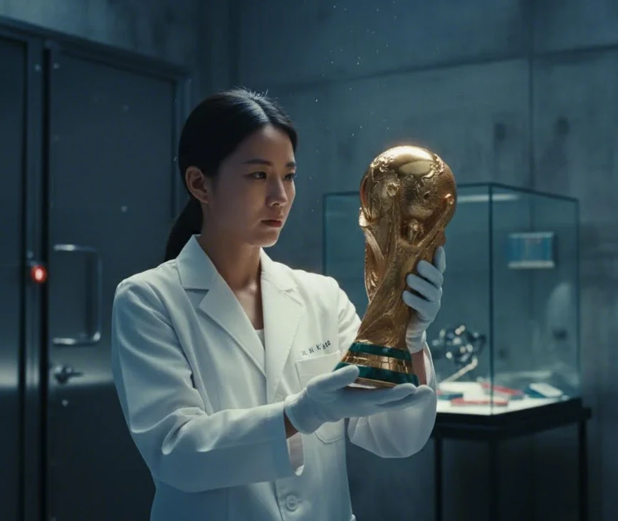 FIFA컵을 두 손으로 조심스럽게 다루는 a slim Korean woman 전문가의 모습 FIFA컵을 두 손으로 조심스럽게 다루는 a slim Korean woman 전문가의 모습