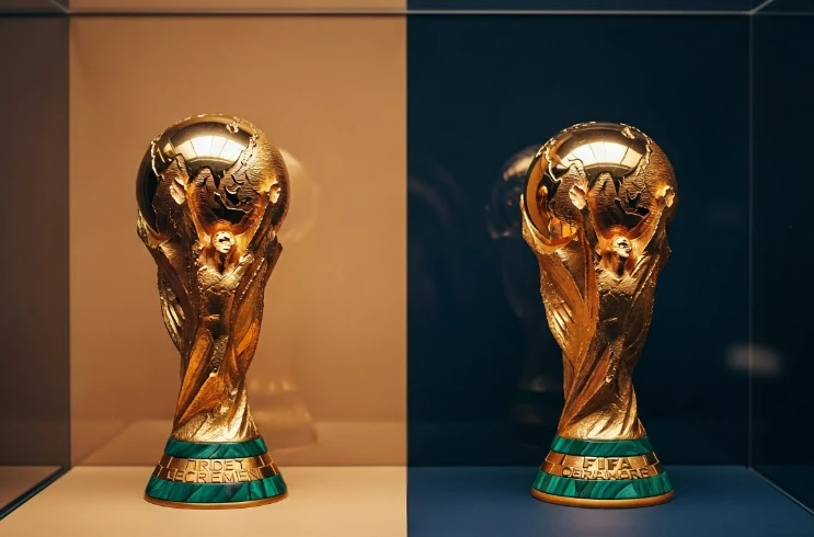 옛날 줄리메컵과 현재 FIFA컵 트로피의 비교 전시 모습 옛날 줄리메컵과 현재 FIFA컵 트로피의 비교 전시 모습