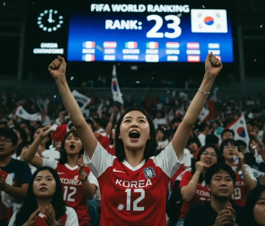 축구 팬이 전광판 순위를 보며 응원하는 모습