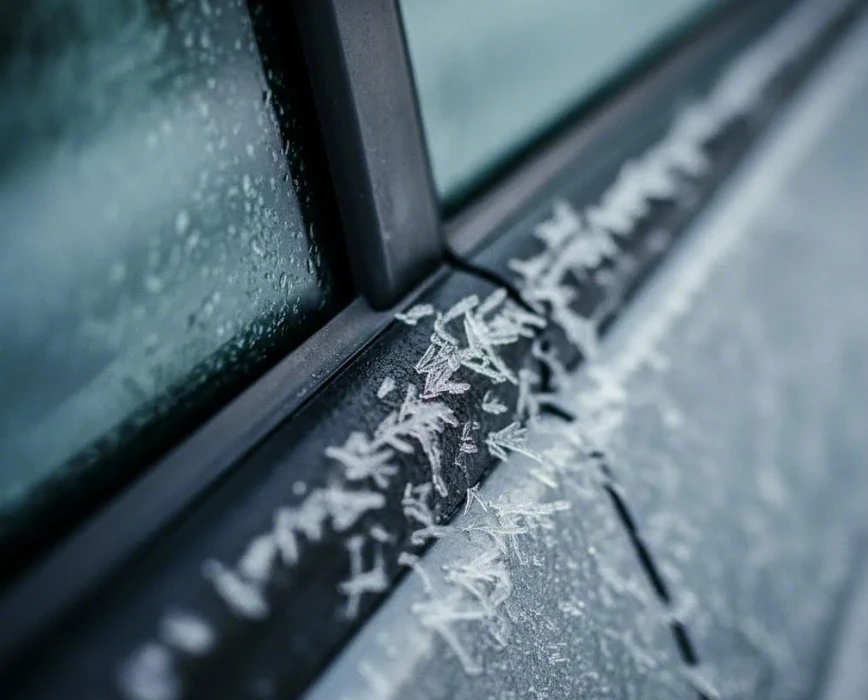 차 문 틈새 고무 몰딩에 얼음이 낀 모습