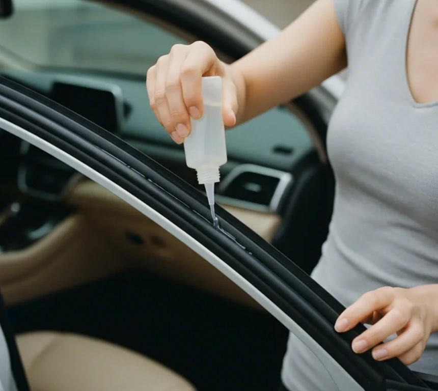 실리콘 윤활제를 고무 몰딩에 바르는 모습