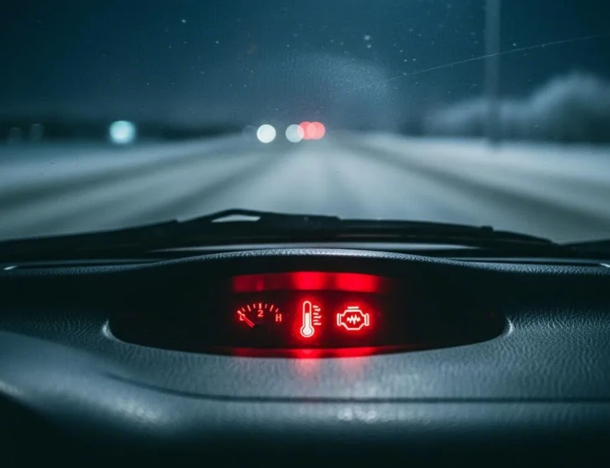 겨울철 엔진 과열 경고등이 켜진 자동차 대시보드