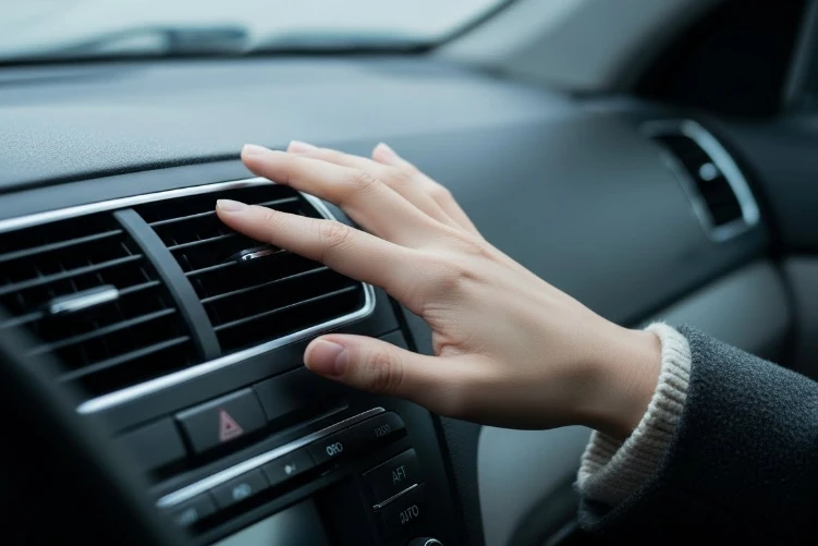 자동차 히터에서 찬 바람이 나오는 모습