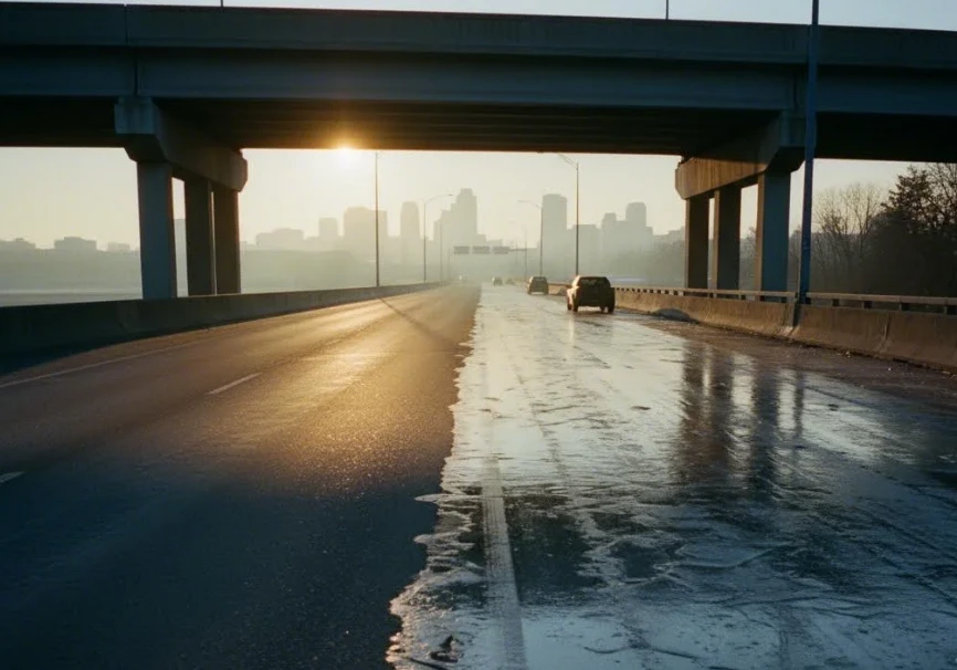 햇빛이 들지 않는 교량 위 응달 지역에 생성된 블랙아이스