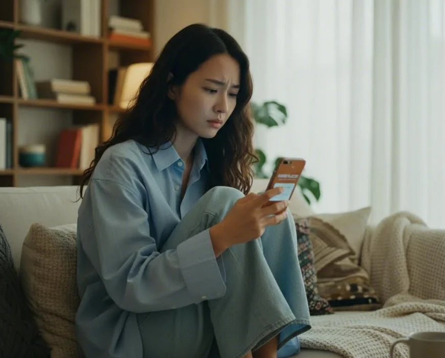 스마트폰 화면을 긴장하며 확인하는 한국 여성의 모습