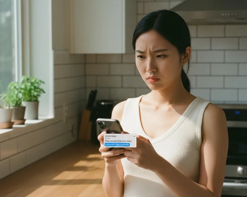 보안 알림을 주의 깊게 확인하는 한국 여성의 모습