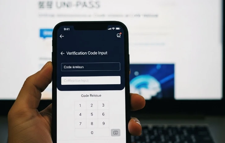휴대전화로 본인 인증을 진행하는 손의 클로즈업