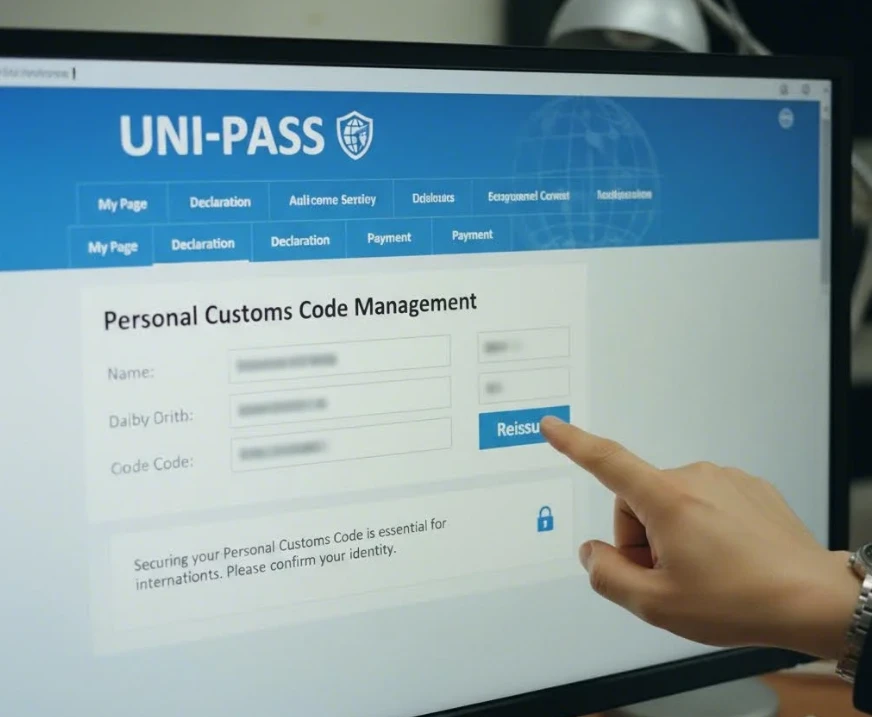 관세청 유니패스 화면에서 개인통관번호를 재발급받는 모습