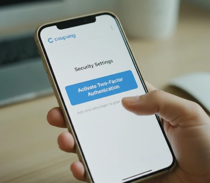 스마트폰으로 쿠팡 2단계 인증을 활성화하는 손의 클로즈업 스마트폰으로 쿠팡 2단계 인증을 활성화하는 손의 클로즈업
