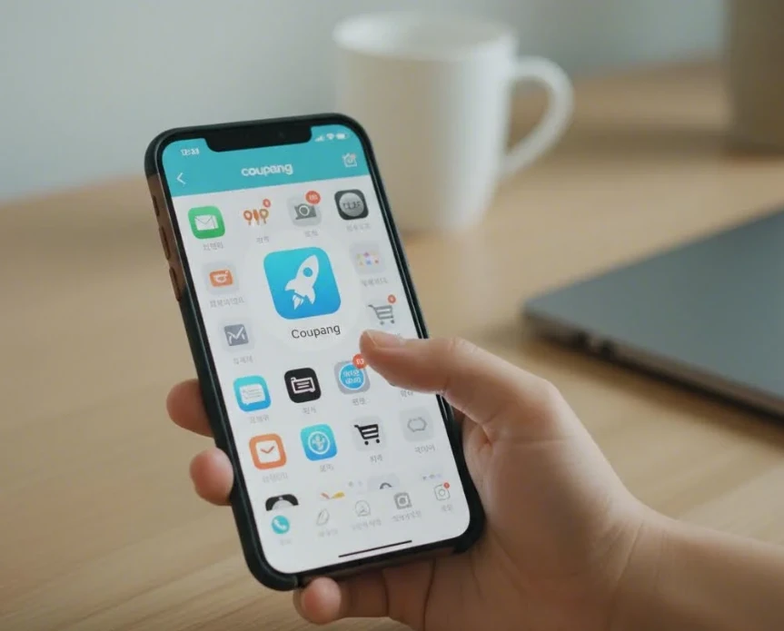 공식 쿠팡 앱을 실행하여 접속하는 손 공식 쿠팡 앱을 실행하여 접속하는 손