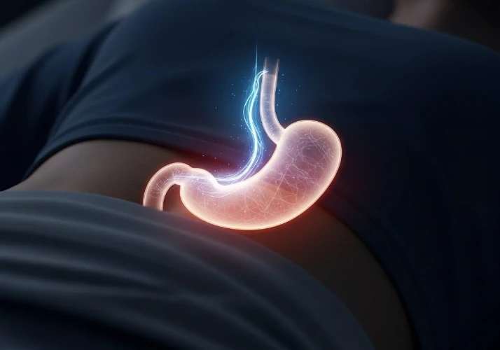 잠자는 자세에서 위산이 식도로 역류하는 모습