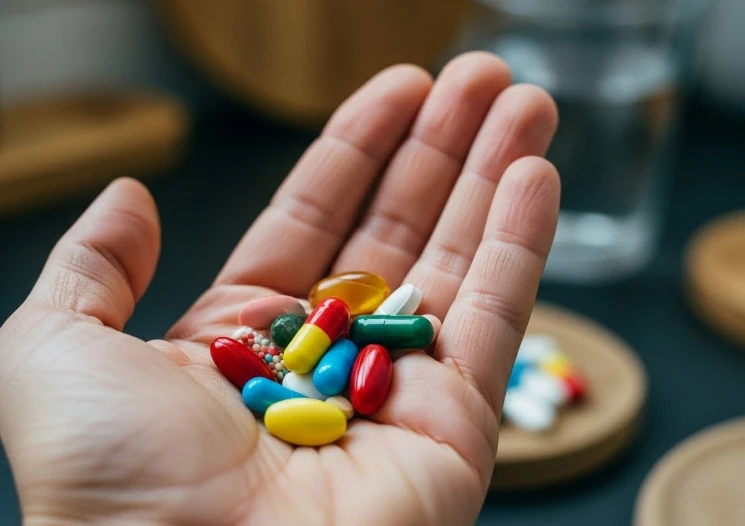 영양제 통과 물을 들고 있는 사람 영양제 통과 물을 들고 있는 사람