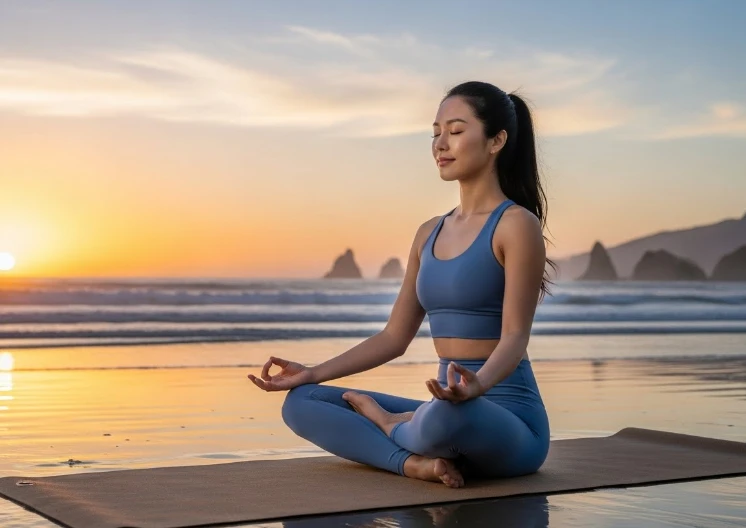 해변에서 명상하는 한국 여성 해변에서 명상하는 한국 여성