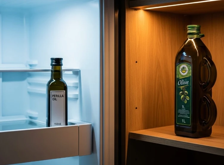 냉장고에 보관된 들기름과 상온의 올리브 오일