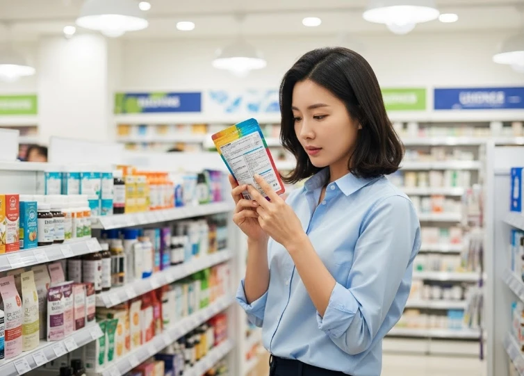 건강기능식품 라벨을 확인하는 모습