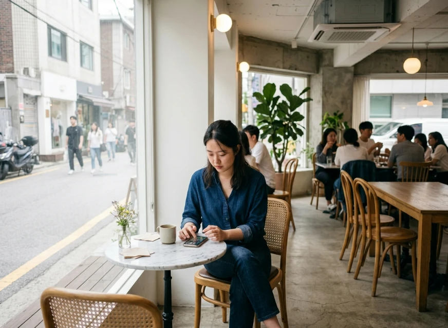 카페에서 스마트폰 설정을 변경하는 한국 여성