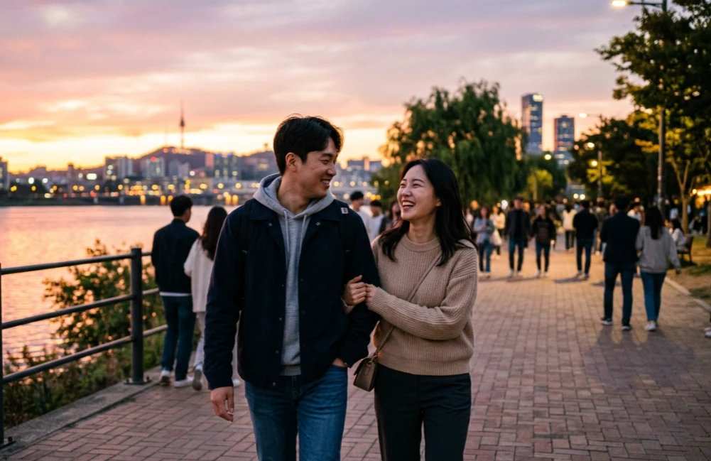 서로의 눈을 맞추며 설레는 분위기의 두 사람