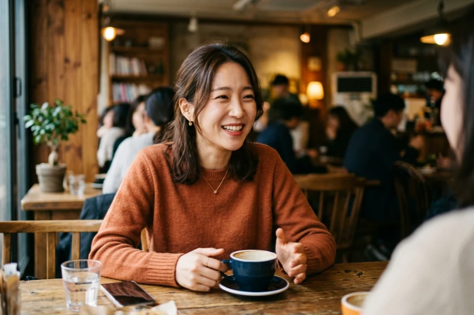 대화에 집중하며 웃음을 보이는 한국 여성