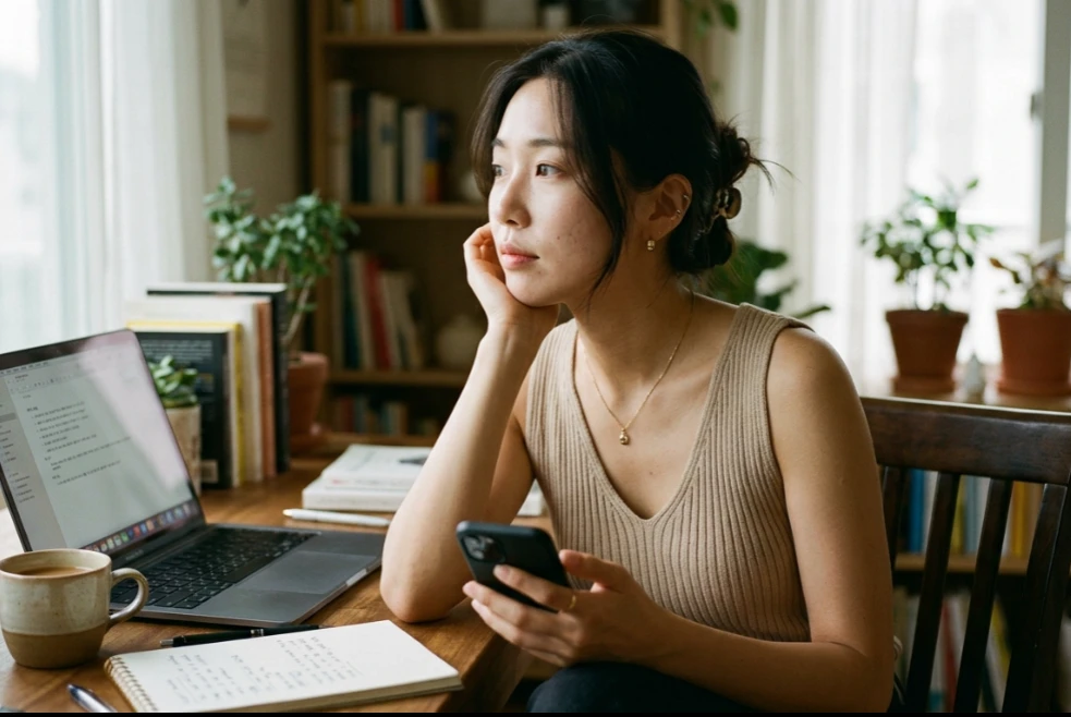 고민하는 표정으로 스마트폰을 든 한국 여성