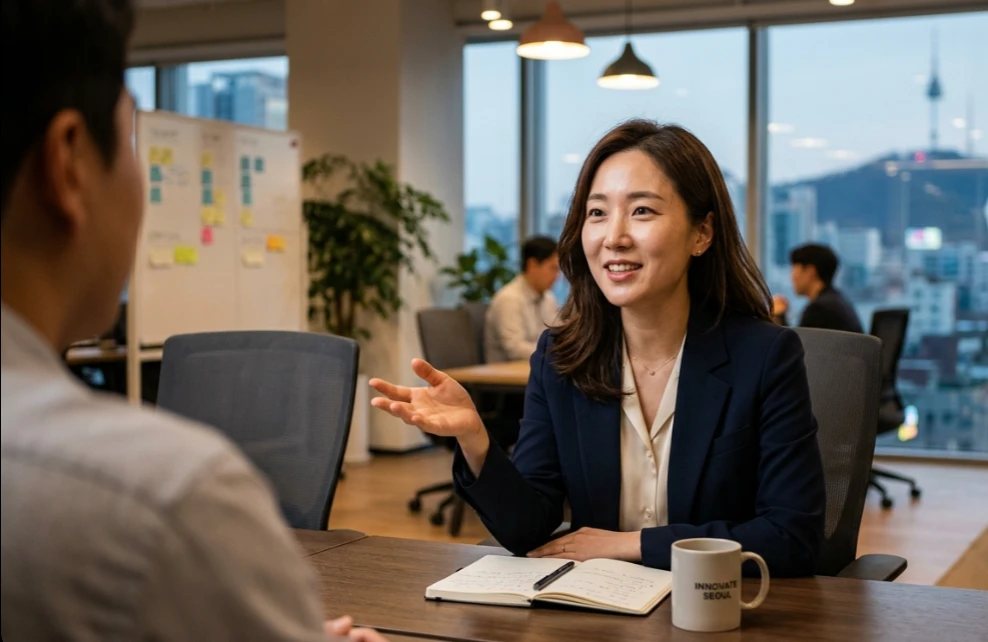 스마트폰을 내려두고 대화에 집중하는 한국 여성
