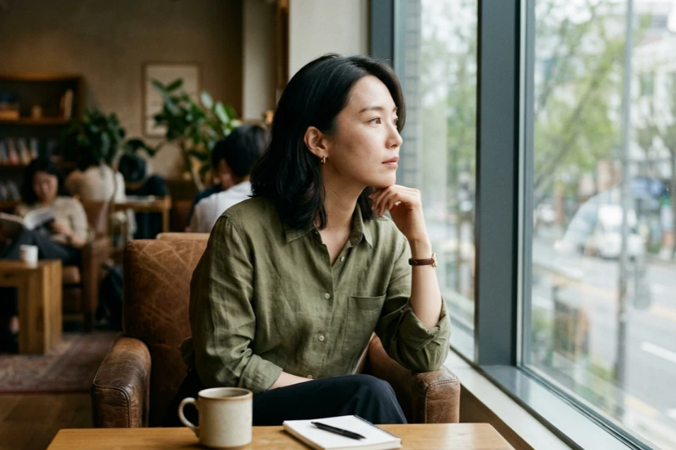 창밖을 바라보며 사색에 잠긴 한국 여성