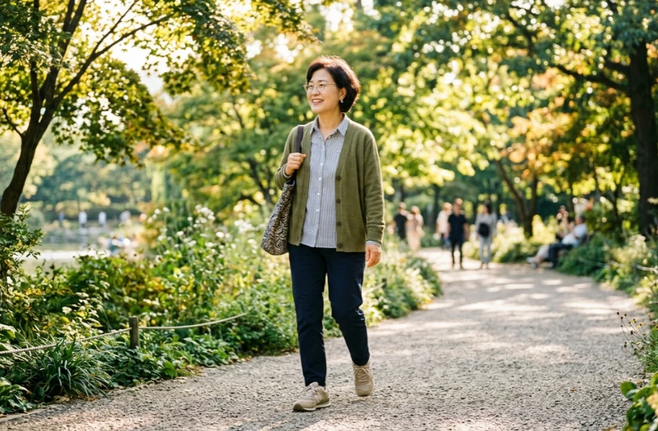 낮에 공원에서 산책하며 햇볕을 쬐는 한국인 여성