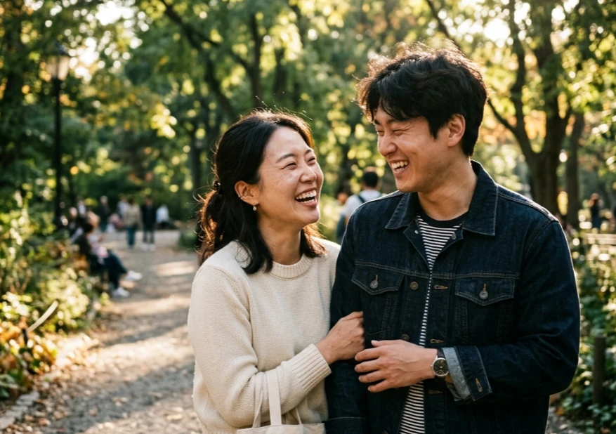 웃으며 대화하는 한국인 커플