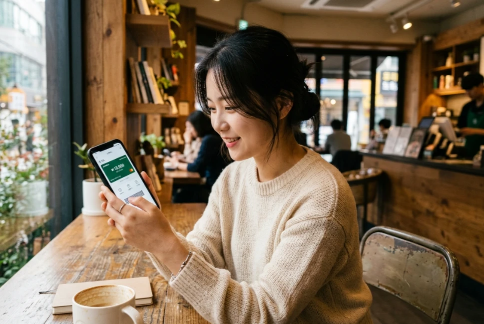 스타벅스 앱 내 카드 관리 화면을 확인하는 모습