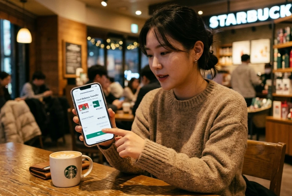 스타벅스 카드 관리 메뉴에서 잔액을 이전하는 화면
