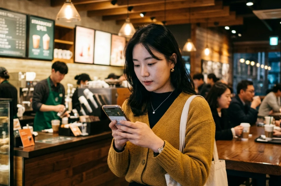 커피 매장에서 스마트폰 결제를 준비하는 모습