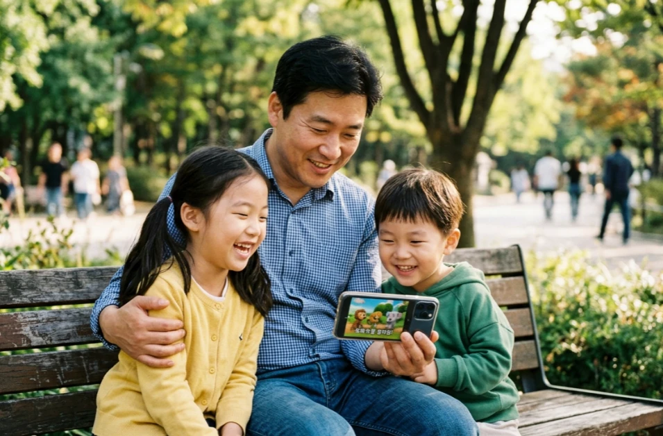 공원 지도를 보며 이동 경로를 정하는 가족