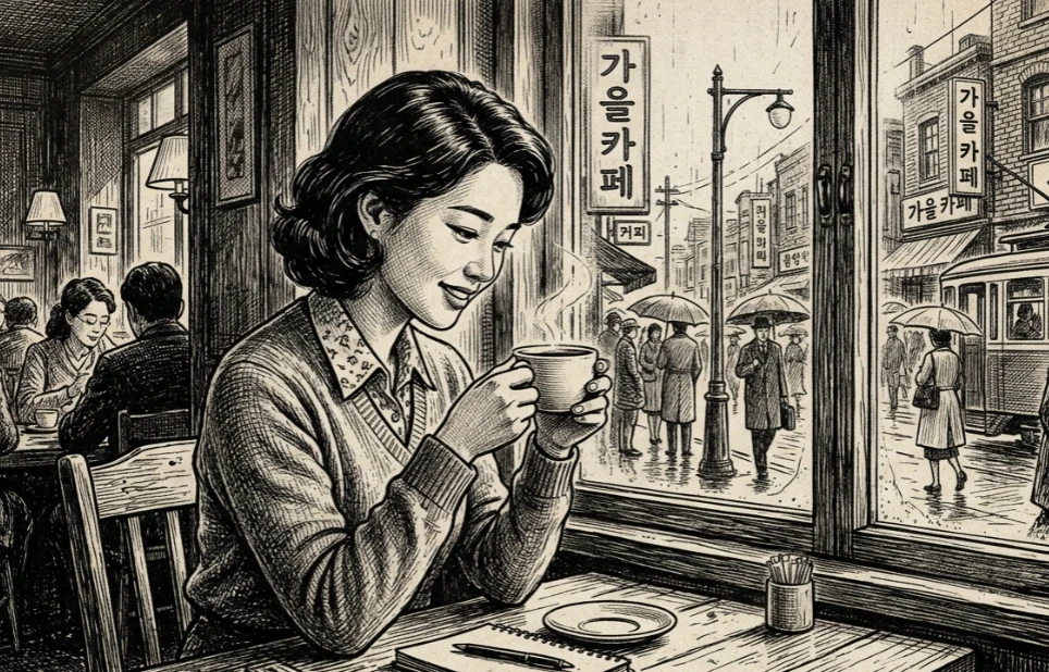 카페 창가에서 수줍게 시선을 아래로 내린 동양인 여성