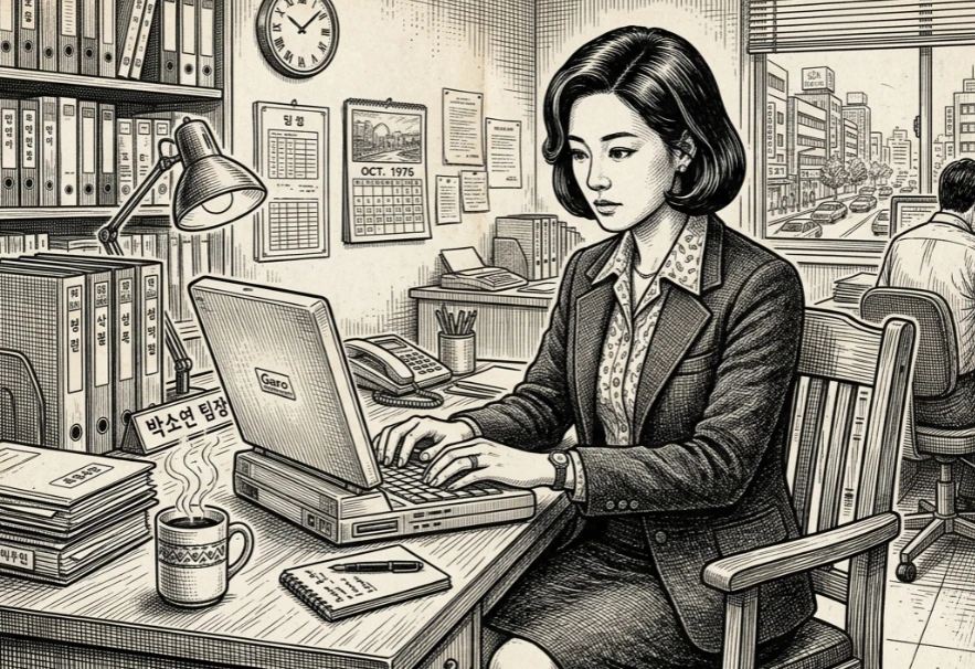 서재 책상에서 노트북을 켜고 일에 몰두하는 동양인 여성
