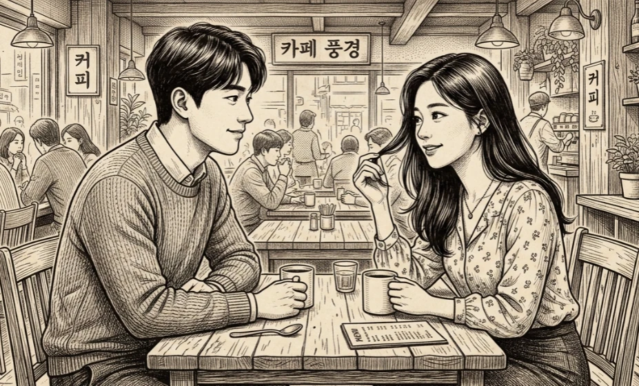 카페 테이블에서 미소 짓는 동양인 남녀