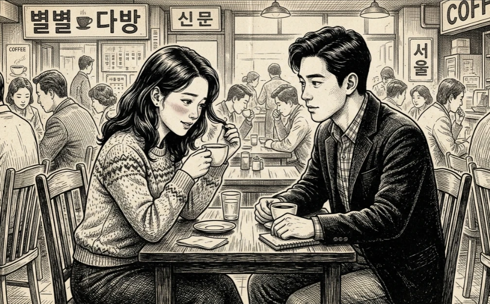 카페 테이블에서 대화하는 동양인 남녀
