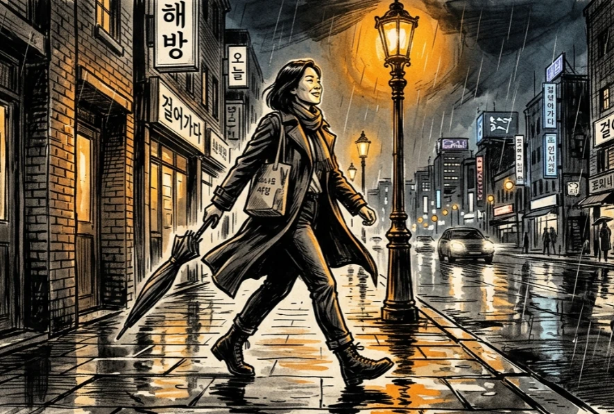 밤의 도심 한복판을 당당하게 걷는 동양인