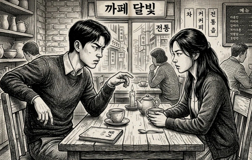 카페에서 테이블을 사이에 두고 대화하는 남녀