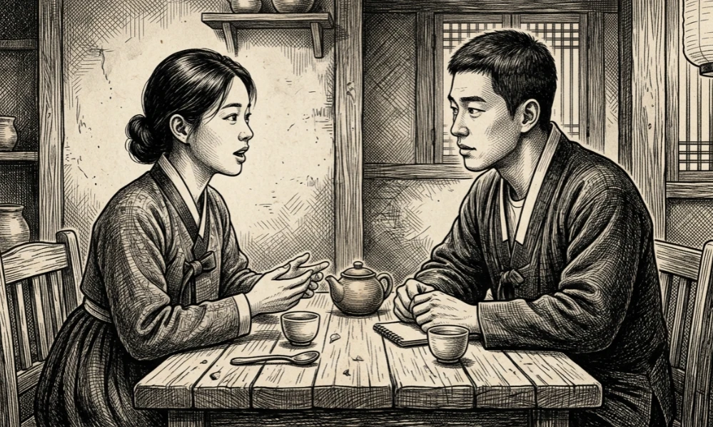 테이블에서 진지하게 경청하는 동양인 남녀