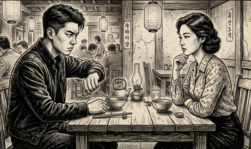 테이블을 사이에 두고 대화하는 동양인 남녀
