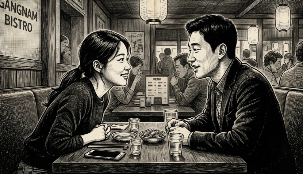테이블을 두고 진지하게 눈을 맞추는 두 사람