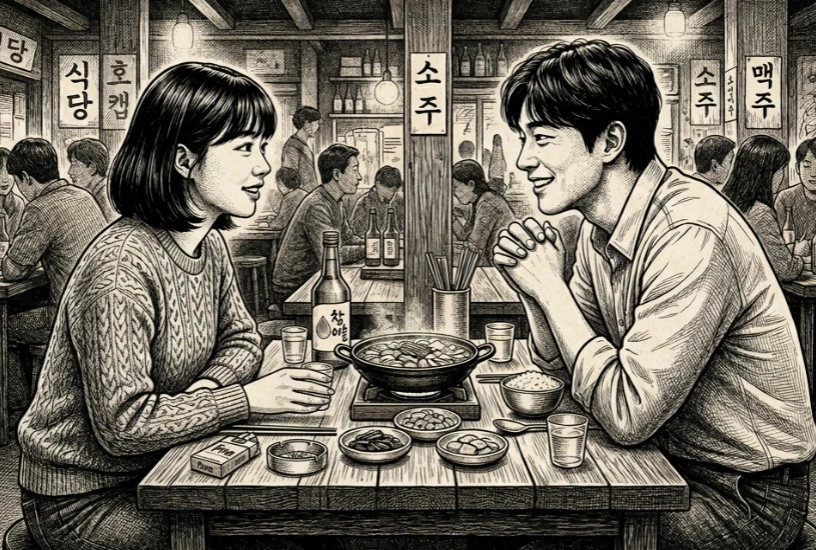 테이블을 두고 진지하게 눈을 맞추는 두 사람