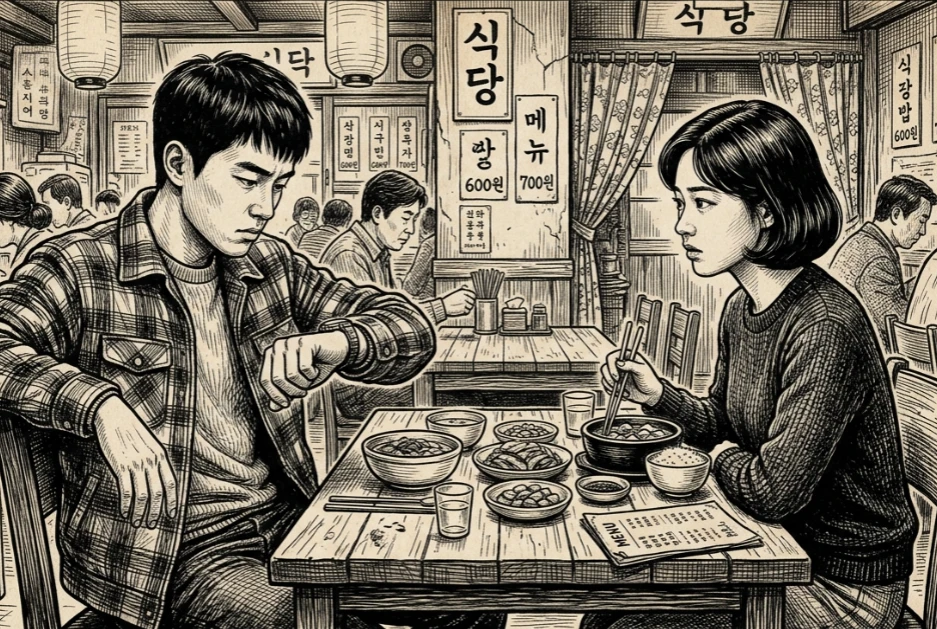 테이블을 사이에 두고 대화하는 동양인 남녀