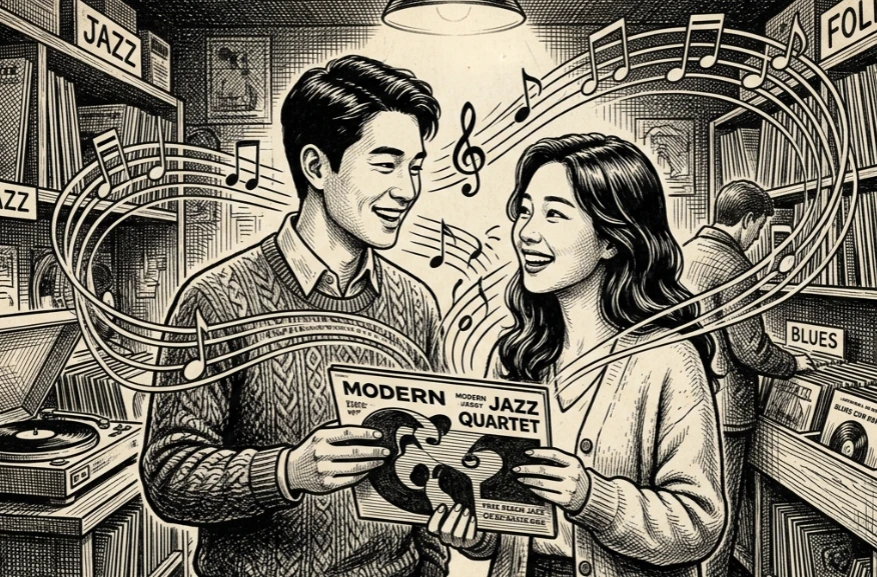 서점에서 같은 책을 보며 대화하는 남녀