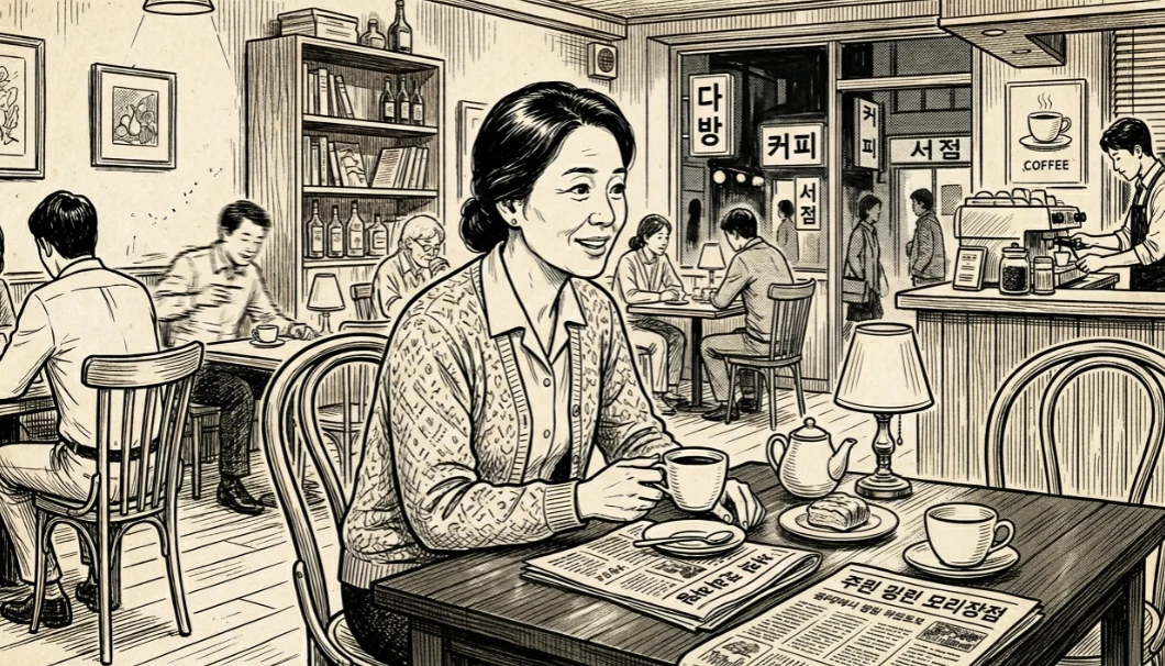 카페 테이블에서 상체를 기울인 여성 삽화